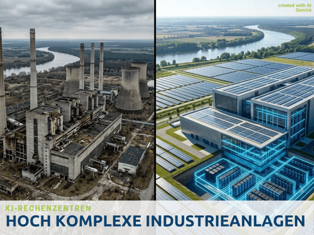 KI-Rechenzentren - hoch komplexe Industie Industrieanalgen, Bild ist zweigeteilt und zeigt links ein generiertes Verfallenes Kohlekraftwerk und Rechts ein neu Geplantes KI-Rechenzentrum